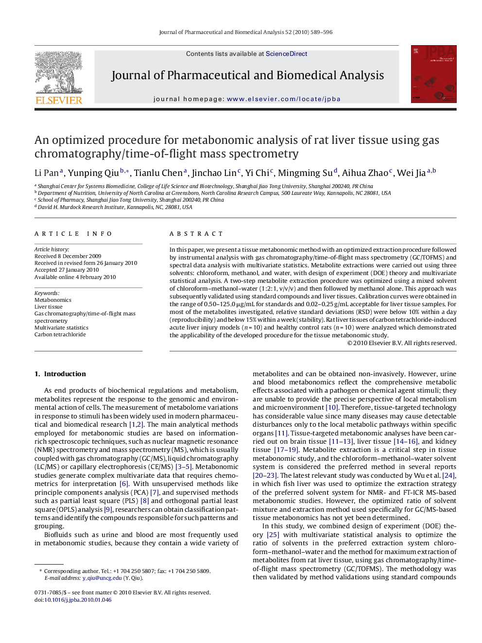 An optimized procedure for metabonomic analysis of rat liver tissue using gas chromatography/time-of-flight mass spectrometry