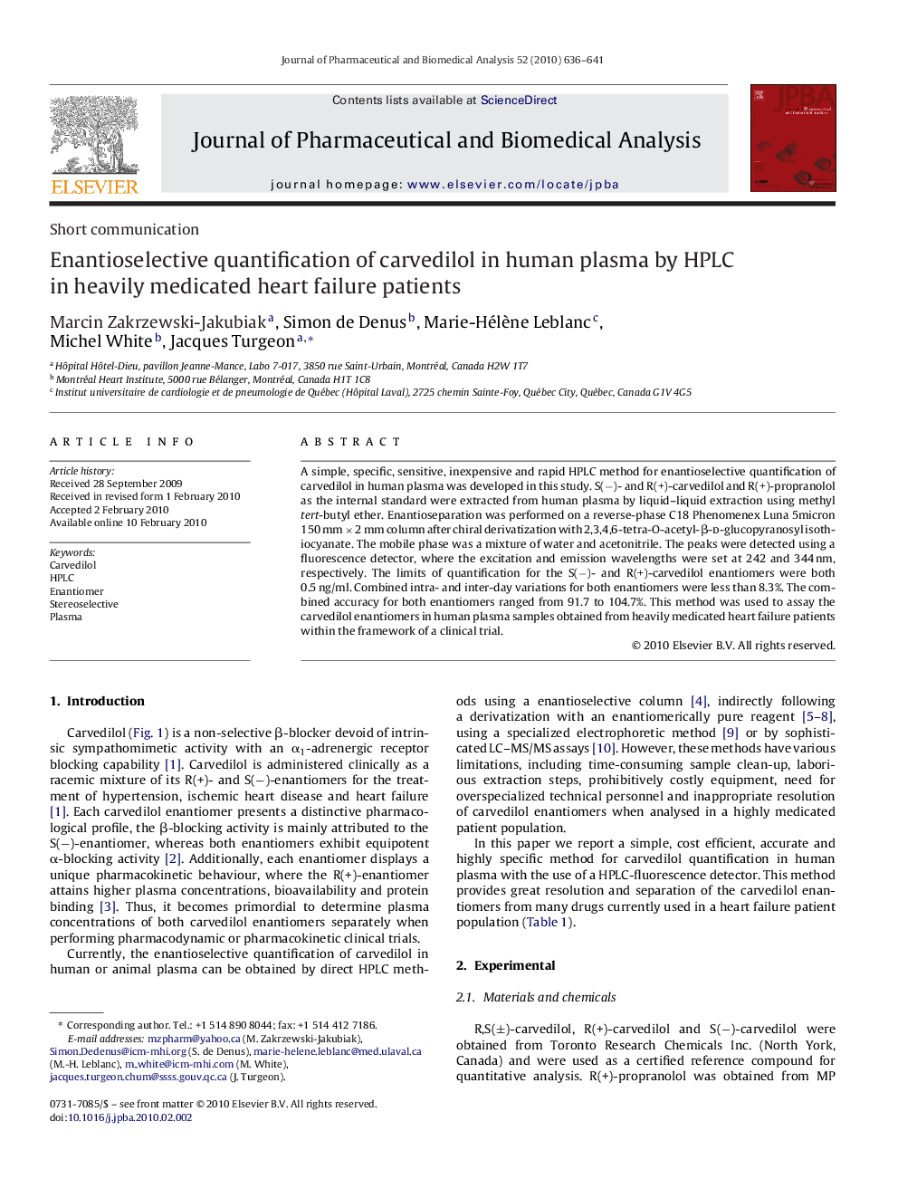 Enantioselective quantification of carvedilol in human plasma by HPLC in heavily medicated heart failure patients