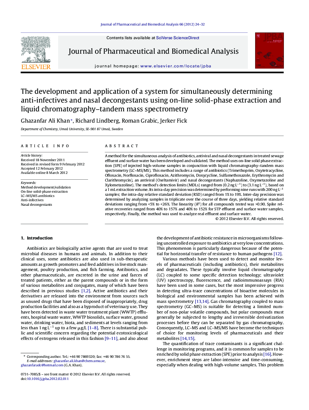 The development and application of a system for simultaneously determining anti-infectives and nasal decongestants using on-line solid-phase extraction and liquid chromatography–tandem mass spectrometry