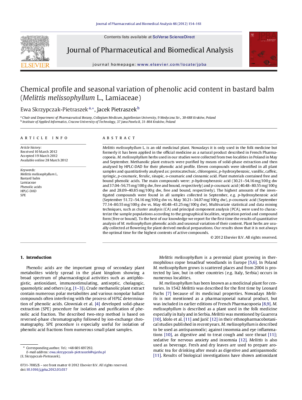 Chemical profile and seasonal variation of phenolic acid content in bastard balm (Melittis melissophyllum L., Lamiaceae)