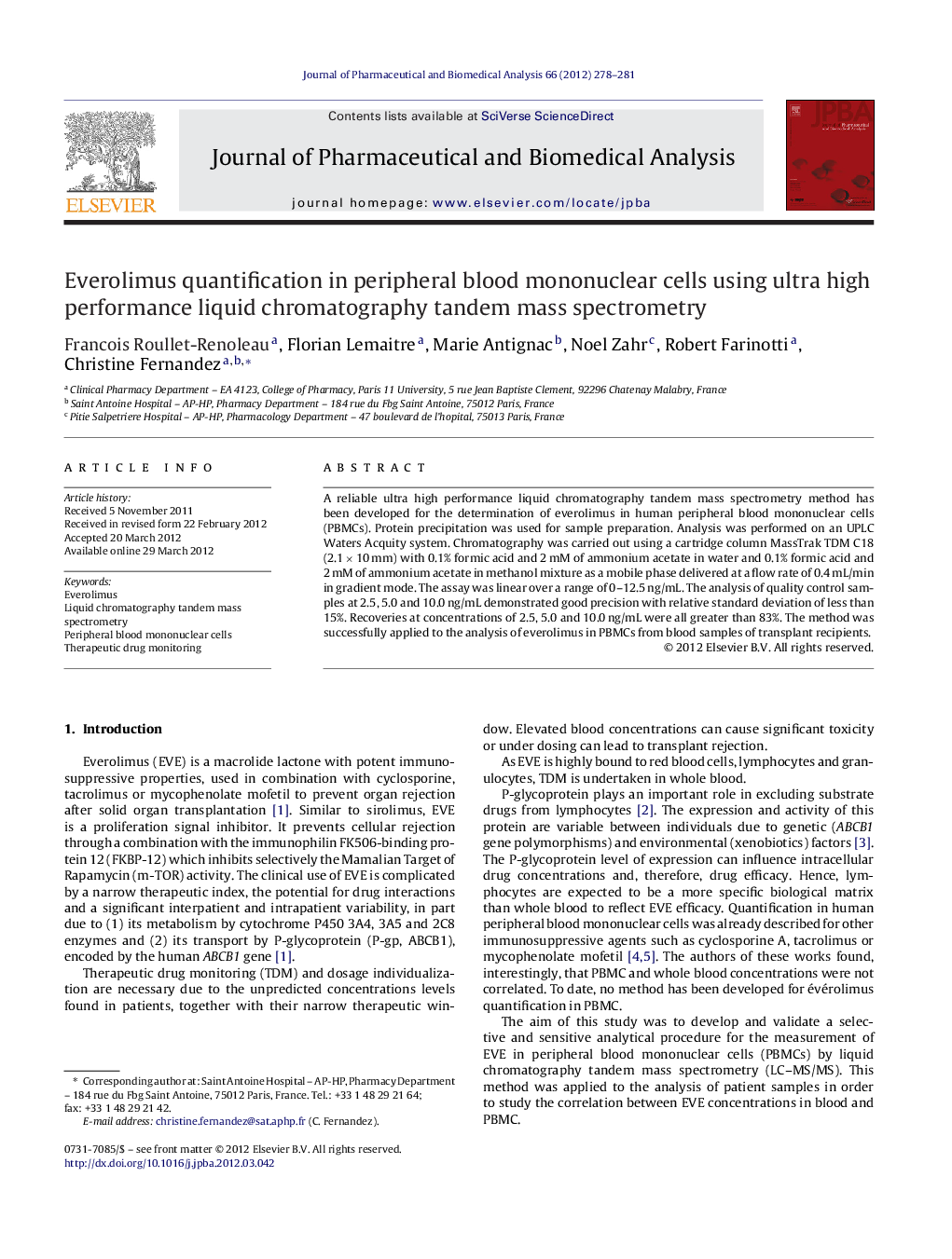 Everolimus quantification in peripheral blood mononuclear cells using ultra high performance liquid chromatography tandem mass spectrometry