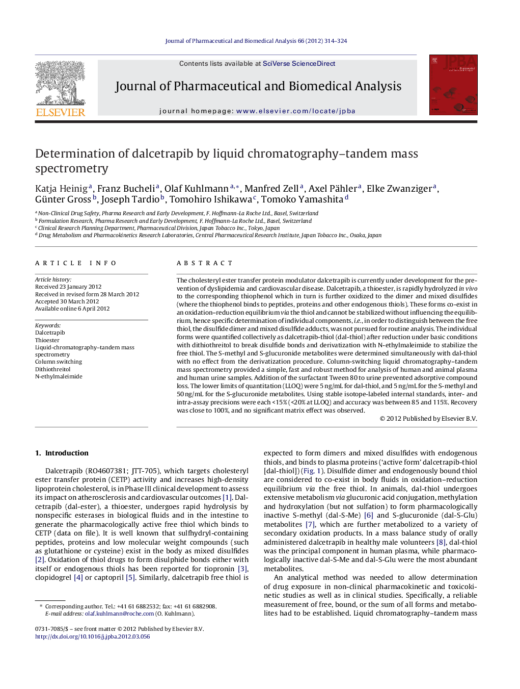 Determination of dalcetrapib by liquid chromatography–tandem mass spectrometry