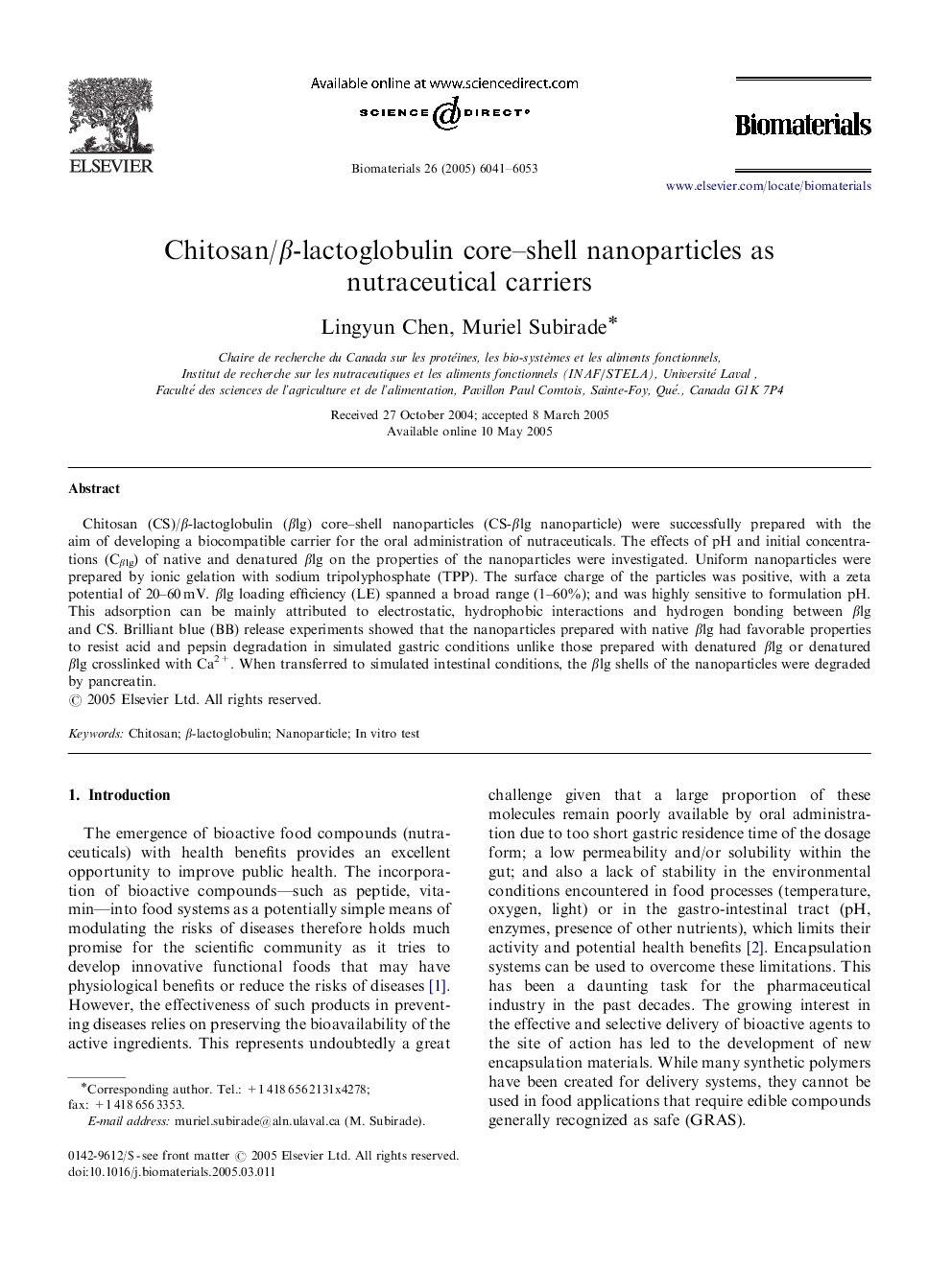 Chitosan/β-lactoglobulin core–shell nanoparticles as nutraceutical carriers