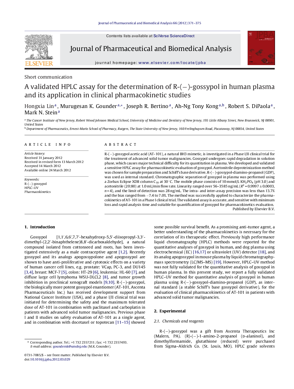 A validated HPLC assay for the determination of R-(−)-gossypol in human plasma and its application in clinical pharmacokinetic studies