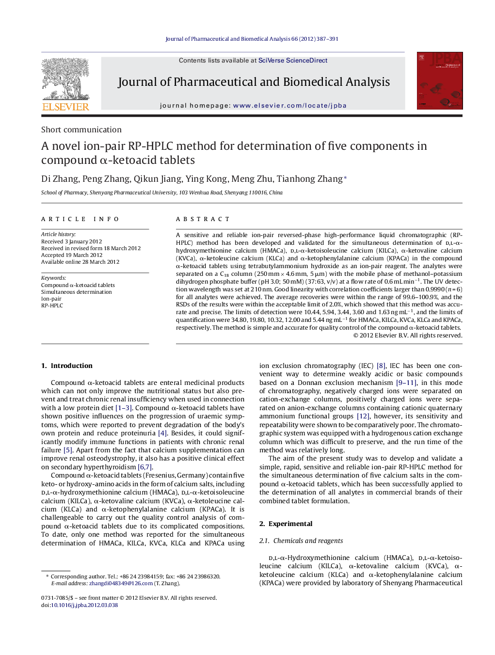 A novel ion-pair RP-HPLC method for determination of five components in compound α-ketoacid tablets