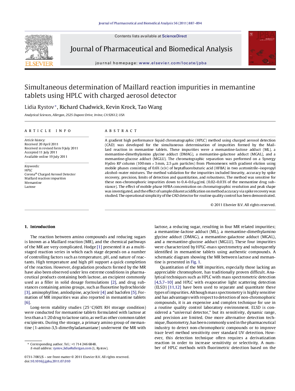 Simultaneous determination of Maillard reaction impurities in memantine tablets using HPLC with charged aerosol detector