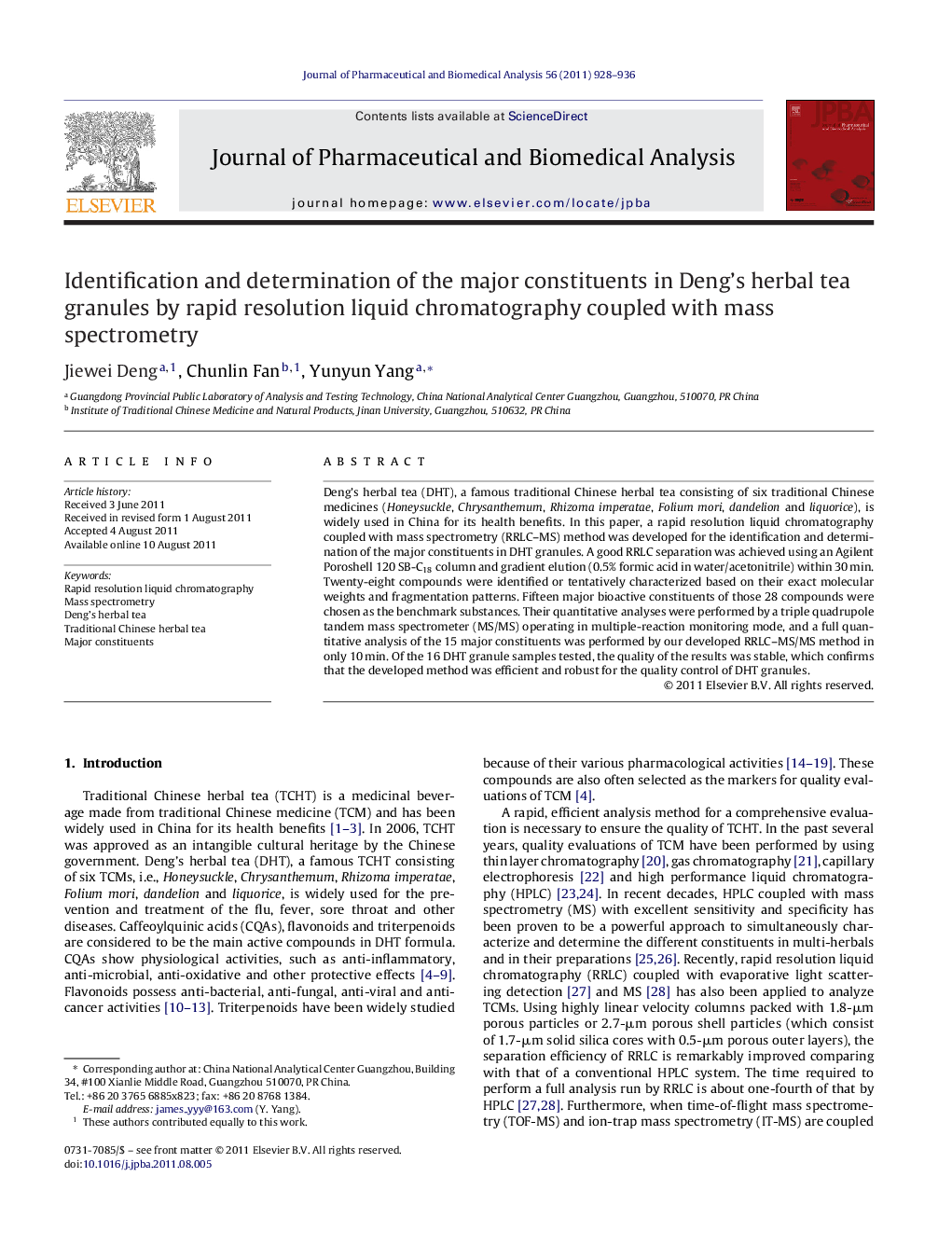 Identification and determination of the major constituents in Deng's herbal tea granules by rapid resolution liquid chromatography coupled with mass spectrometry