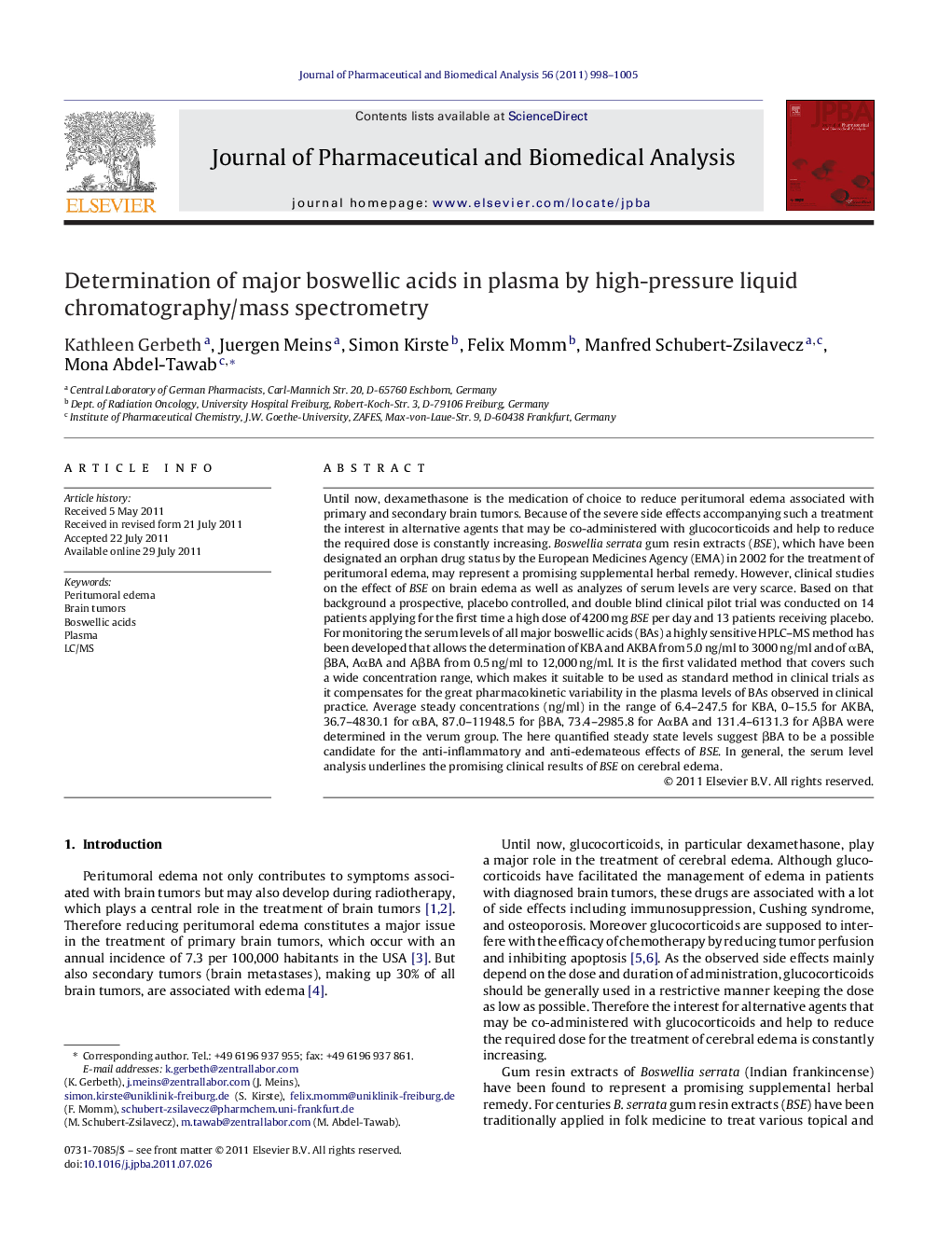 Determination of major boswellic acids in plasma by high-pressure liquid chromatography/mass spectrometry