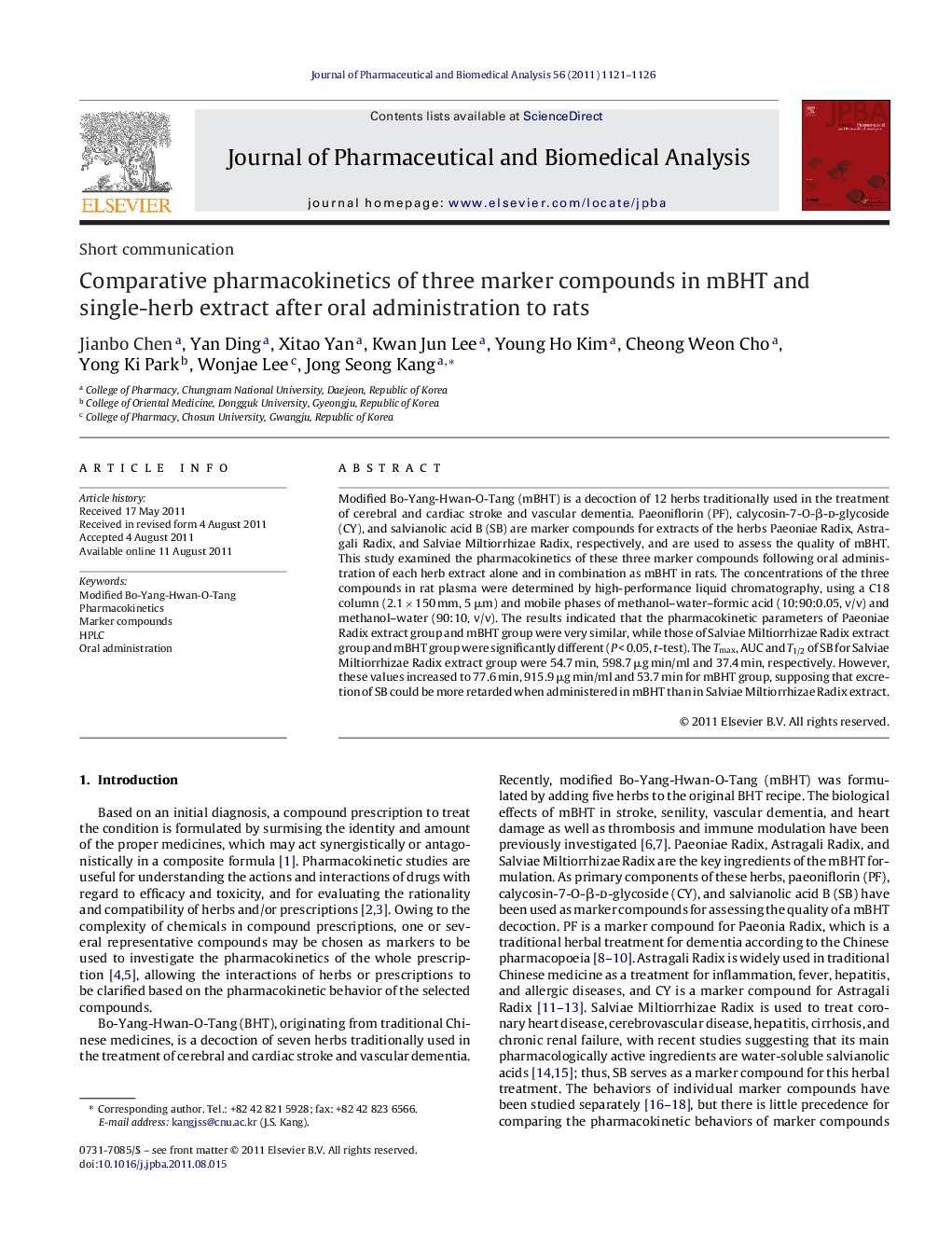 Comparative pharmacokinetics of three marker compounds in mBHT and single-herb extract after oral administration to rats