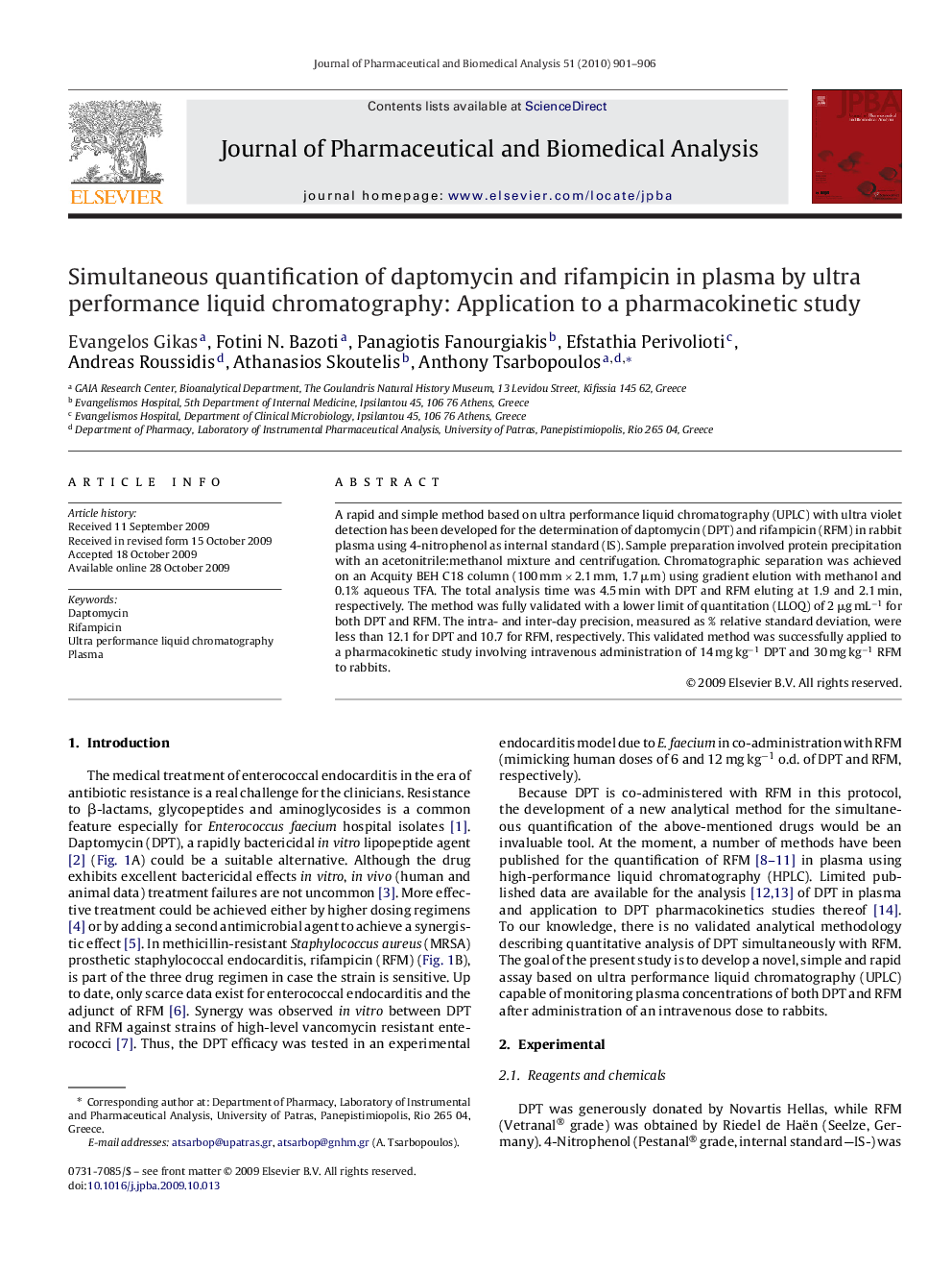 Simultaneous quantification of daptomycin and rifampicin in plasma by ultra performance liquid chromatography: Application to a pharmacokinetic study