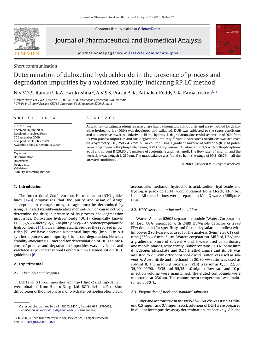 Determination of duloxetine hydrochloride in the presence of process and degradation impurities by a validated stability-indicating RP-LC method