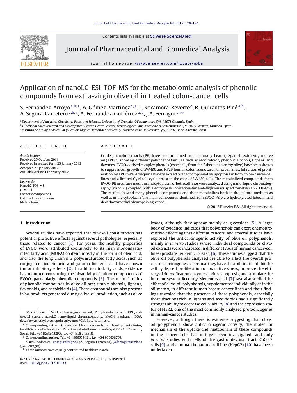 Application of nanoLC-ESI-TOF-MS for the metabolomic analysis of phenolic compounds from extra-virgin olive oil in treated colon-cancer cells