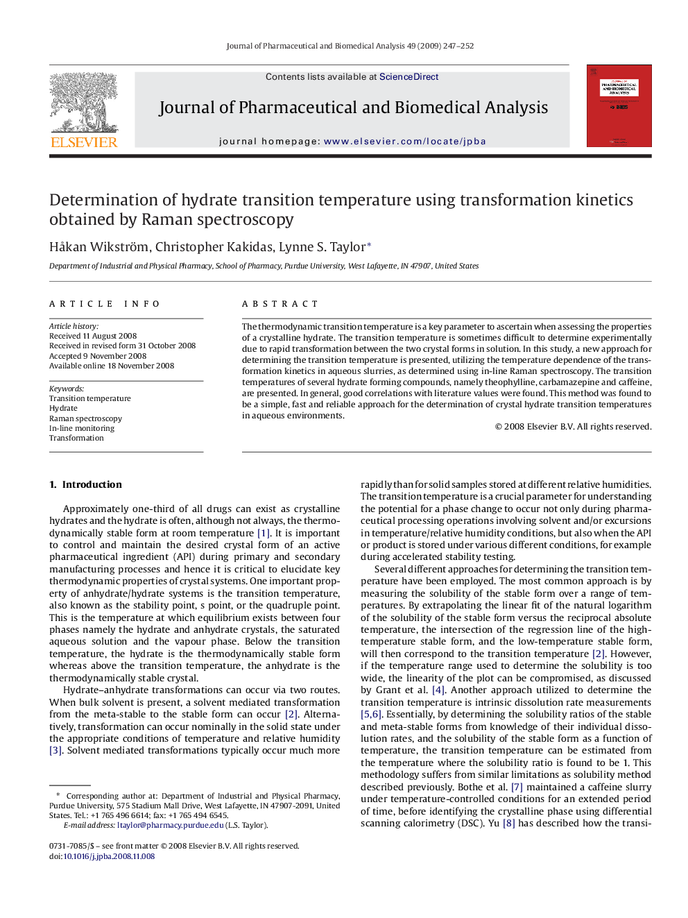 Determination of hydrate transition temperature using transformation kinetics obtained by Raman spectroscopy