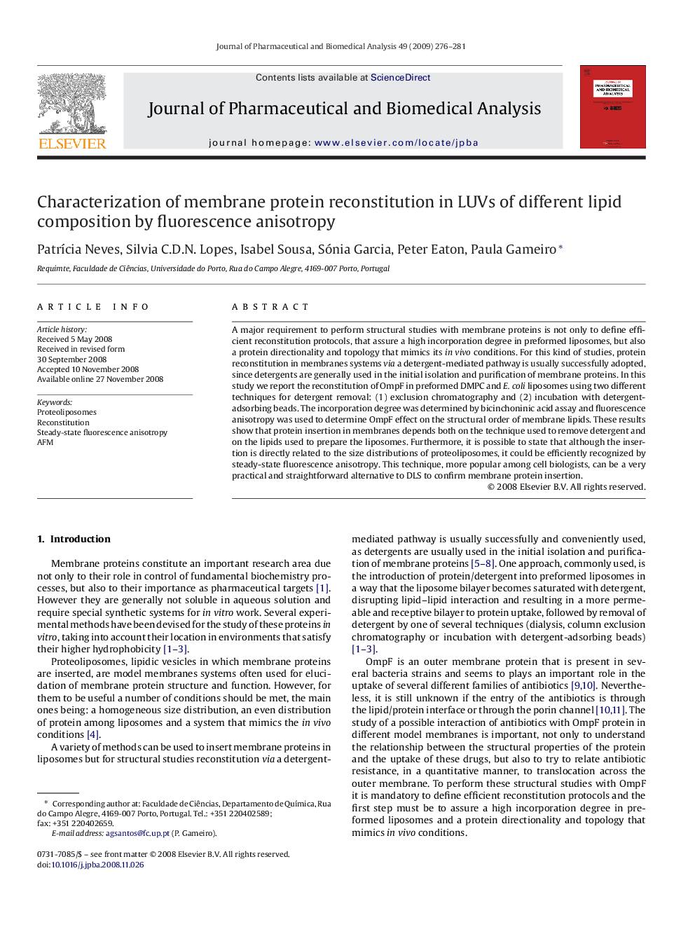 Characterization of membrane protein reconstitution in LUVs of different lipid composition by fluorescence anisotropy