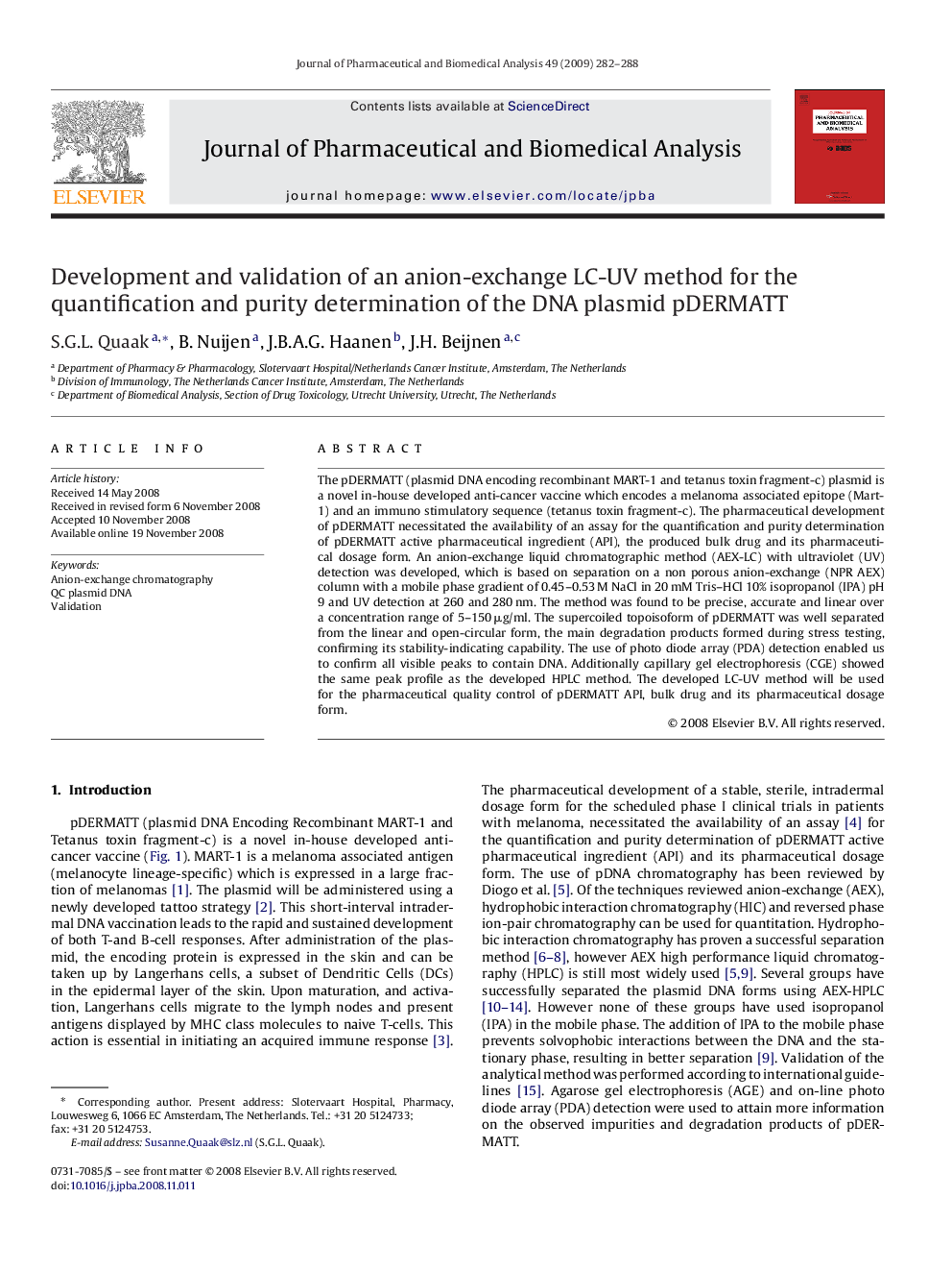 Development and validation of an anion-exchange LC-UV method for the quantification and purity determination of the DNA plasmid pDERMATT