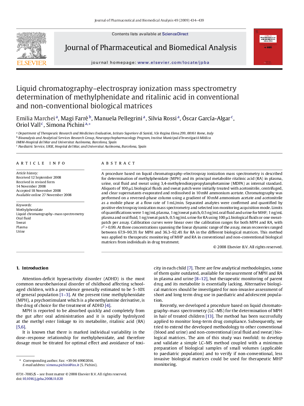 Liquid chromatography–electrospray ionization mass spectrometry determination of methylphenidate and ritalinic acid in conventional and non-conventional biological matrices