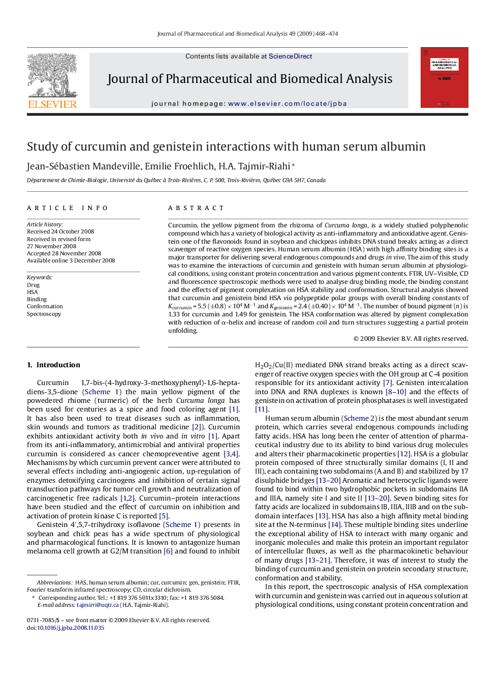 Study of curcumin and genistein interactions with human serum albumin