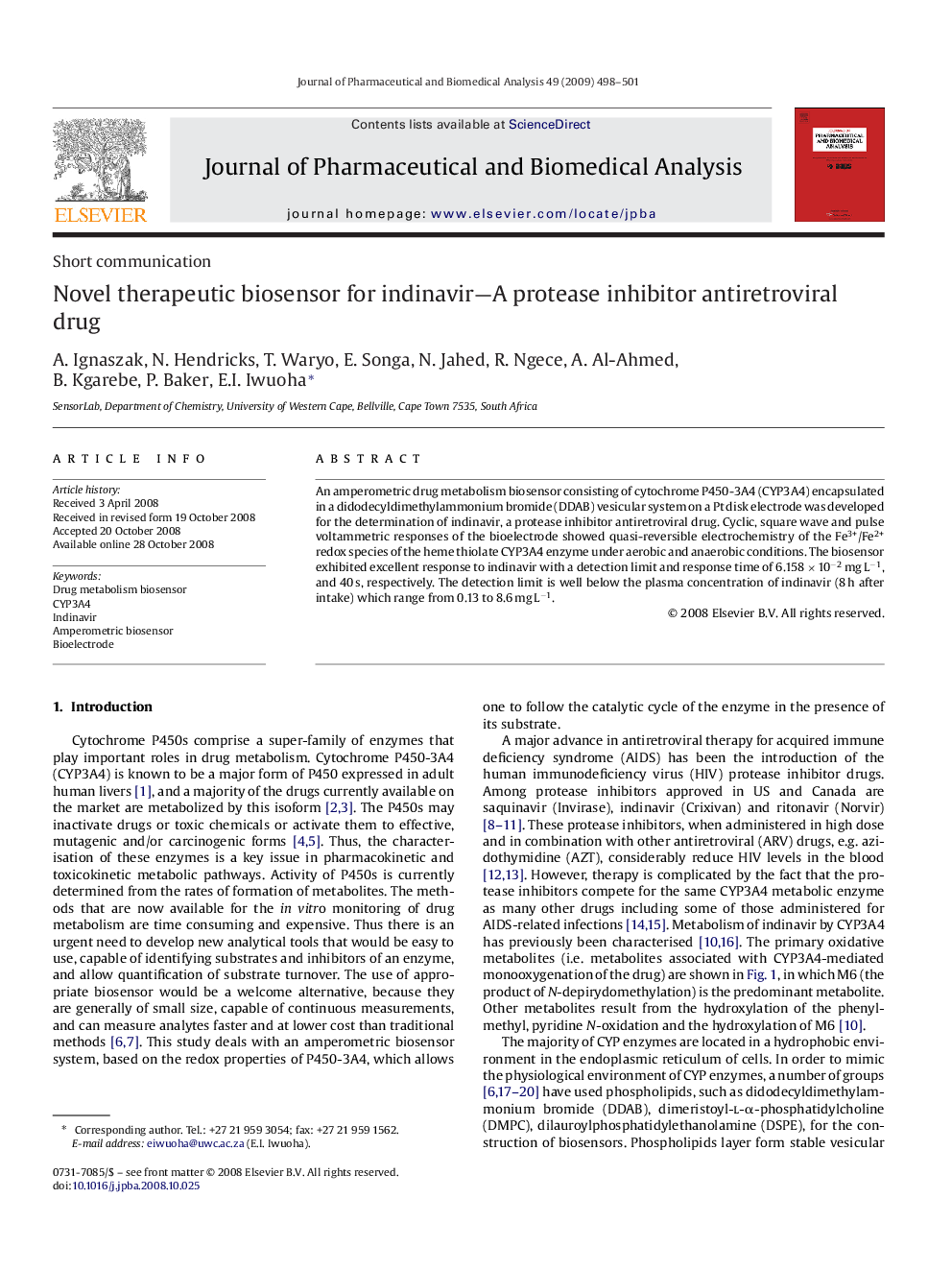 Novel therapeutic biosensor for indinavir—A protease inhibitor antiretroviral drug