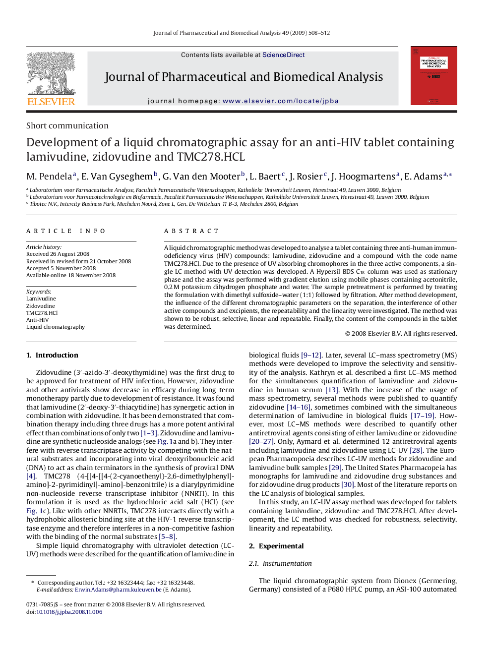 Development of a liquid chromatographic assay for an anti-HIV tablet containing lamivudine, zidovudine and TMC278.HCL