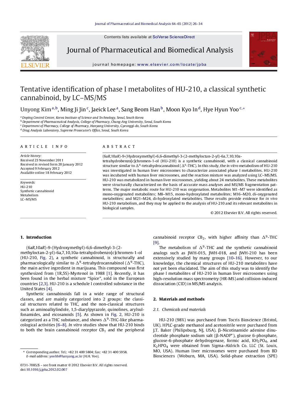 Tentative identification of phase I metabolites of HU-210, a classical synthetic cannabinoid, by LC–MS/MS