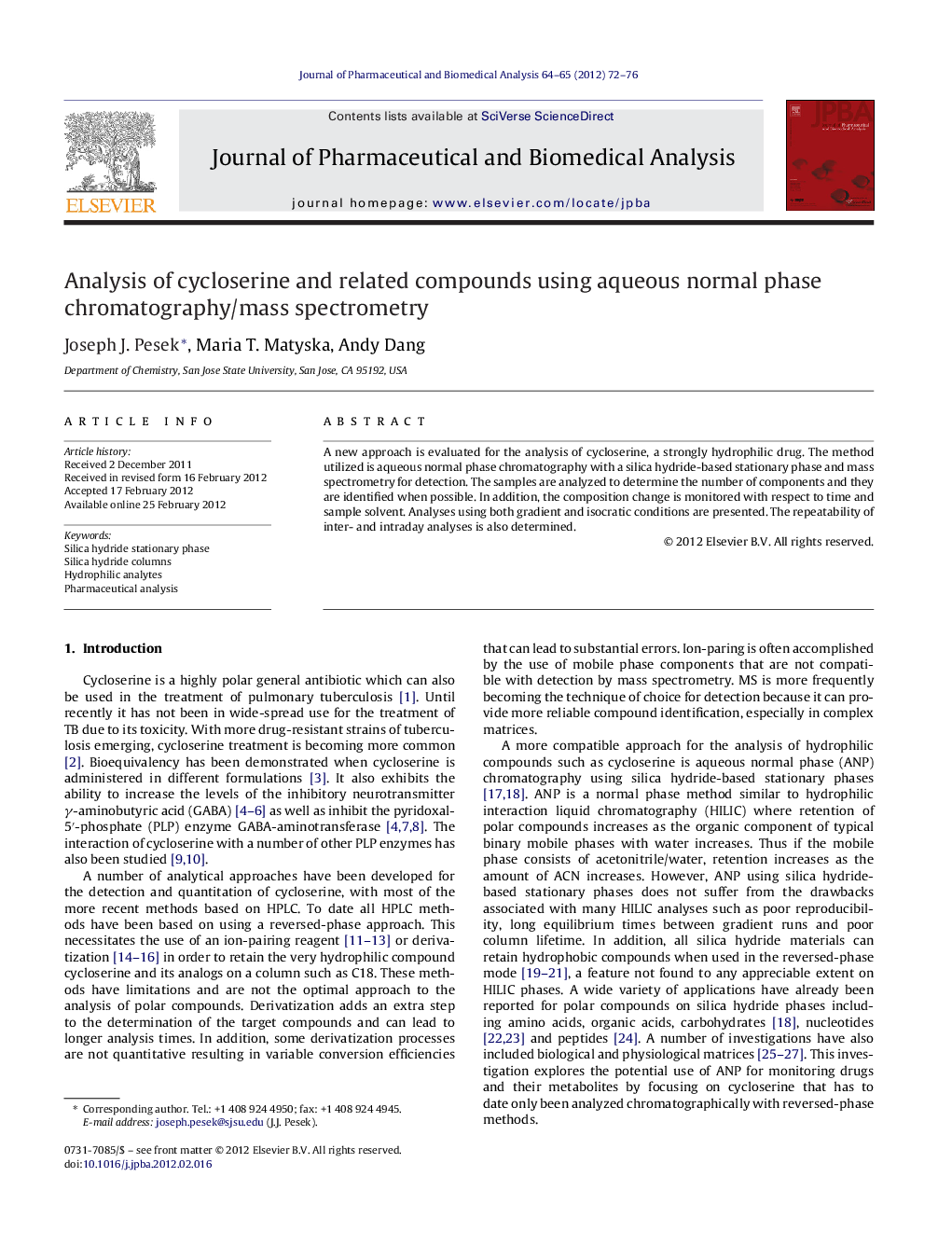 Analysis of cycloserine and related compounds using aqueous normal phase chromatography/mass spectrometry