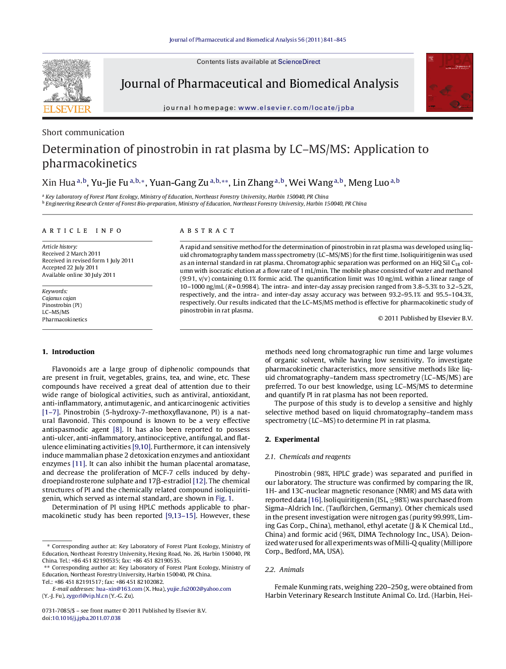 Determination of pinostrobin in rat plasma by LC–MS/MS: Application to pharmacokinetics