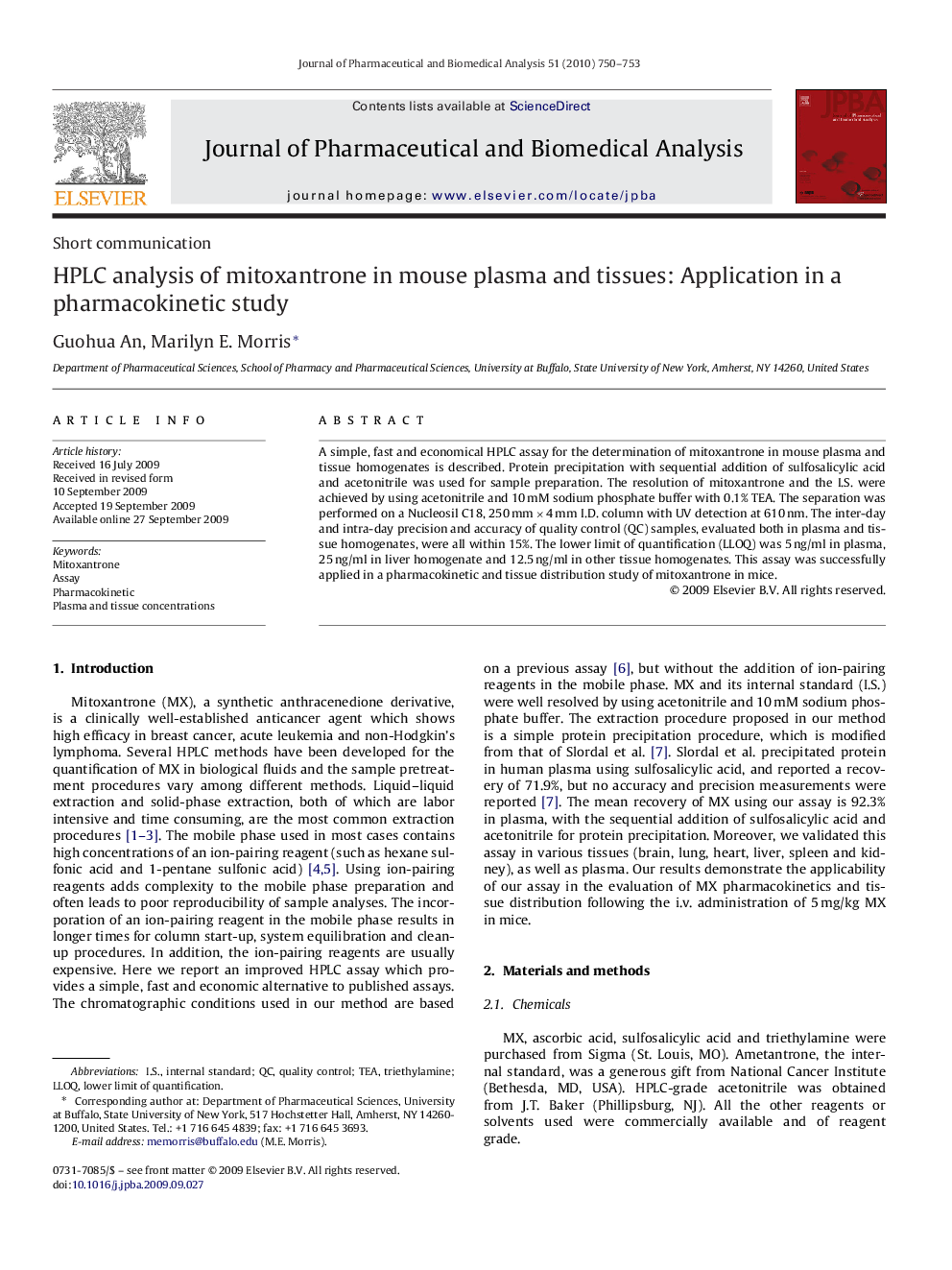 HPLC analysis of mitoxantrone in mouse plasma and tissues: Application in a pharmacokinetic study