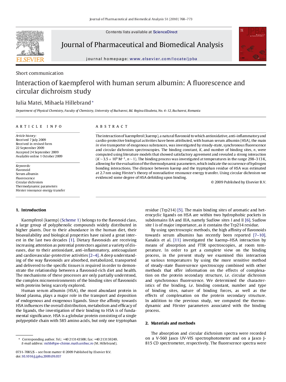 Interaction of kaempferol with human serum albumin: A fluorescence and circular dichroism study