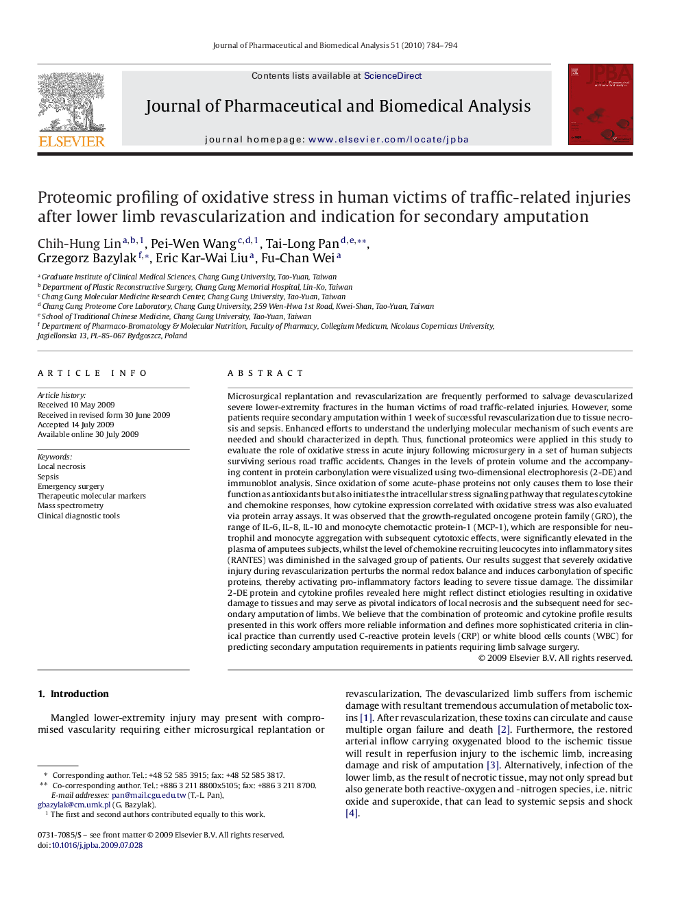 Proteomic profiling of oxidative stress in human victims of traffic-related injuries after lower limb revascularization and indication for secondary amputation