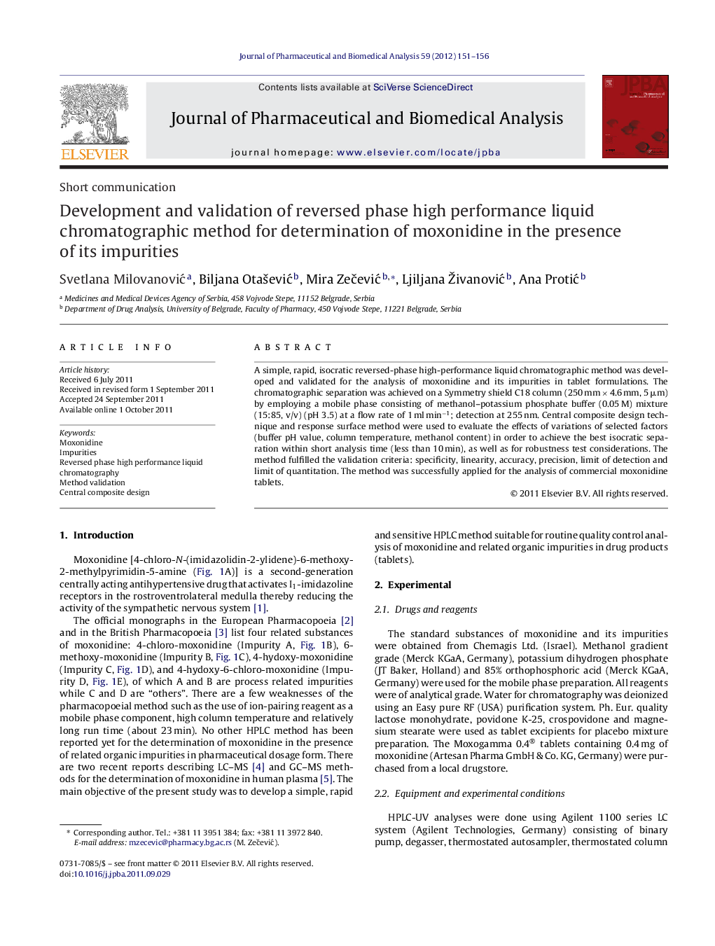 Development and validation of reversed phase high performance liquid chromatographic method for determination of moxonidine in the presence of its impurities