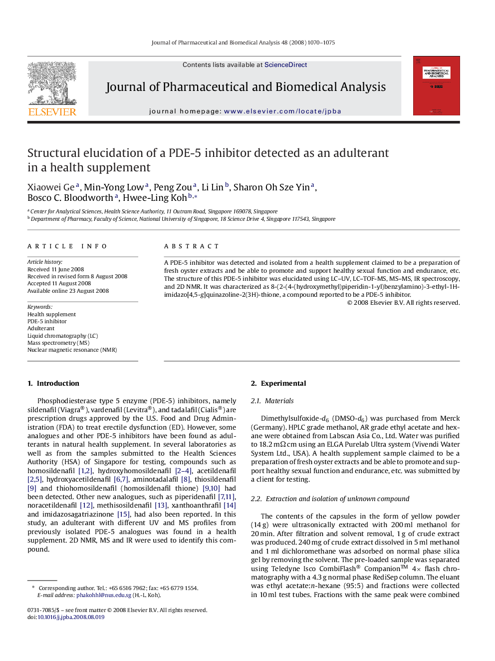 Structural elucidation of a PDE-5 inhibitor detected as an adulterant in a health supplement