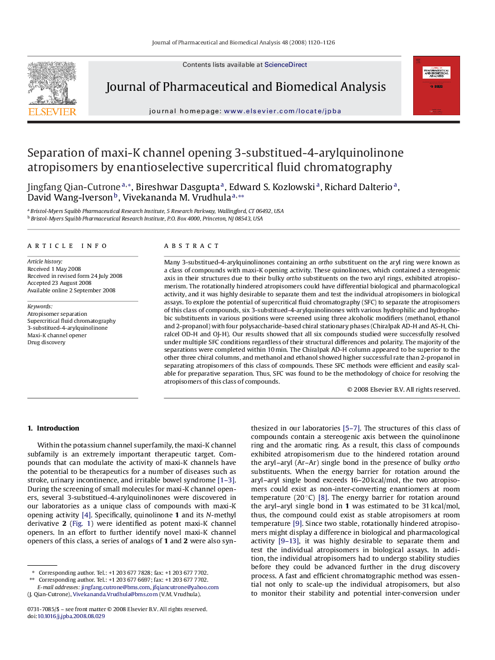 Separation of maxi-K channel opening 3-substitued-4-arylquinolinone atropisomers by enantioselective supercritical fluid chromatography