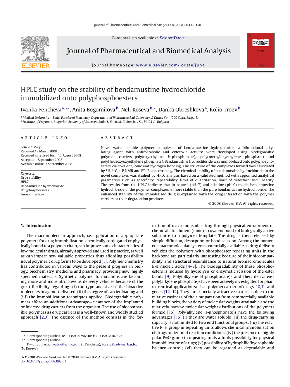 HPLC study on the stability of bendamustine hydrochloride immobilized onto polyphosphoesters