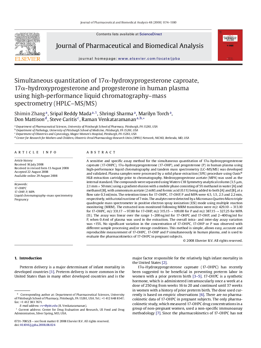 Simultaneous quantitation of 17α-hydroxyprogesterone caproate, 17α-hydroxyprogesterone and progesterone in human plasma using high-performance liquid chromatography–mass spectrometry (HPLC–MS/MS)