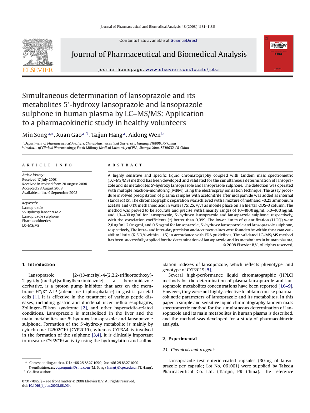 Simultaneous determination of lansoprazole and its metabolites 5′-hydroxy lansoprazole and lansoprazole sulphone in human plasma by LC–MS/MS: Application to a pharmacokinetic study in healthy volunteers