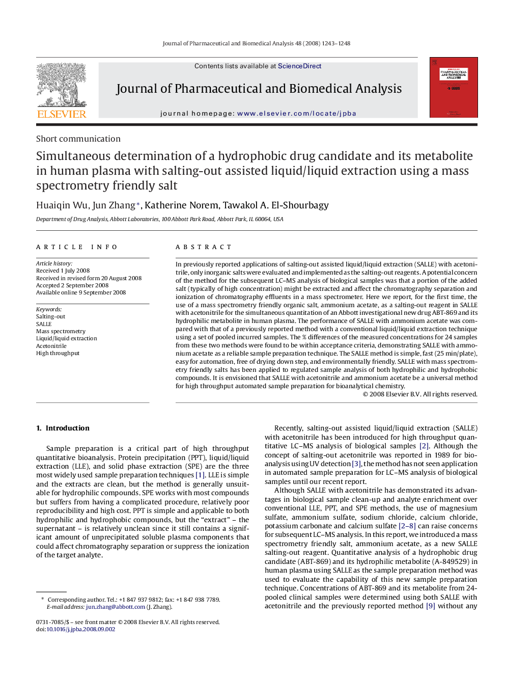 عکس صفحه اول مقاله: Simultaneous determination of a hydrophobic drug candidate and its metabolite in human plasma with salting-out assisted liquid/liquid extraction using a mass spectrometry friendly salt Simultaneous determination of a hydrophobic drug candidate and its metabolite in human plasma with salting-out assisted liquid/liquid extraction using a mass spectrometry friendly salt