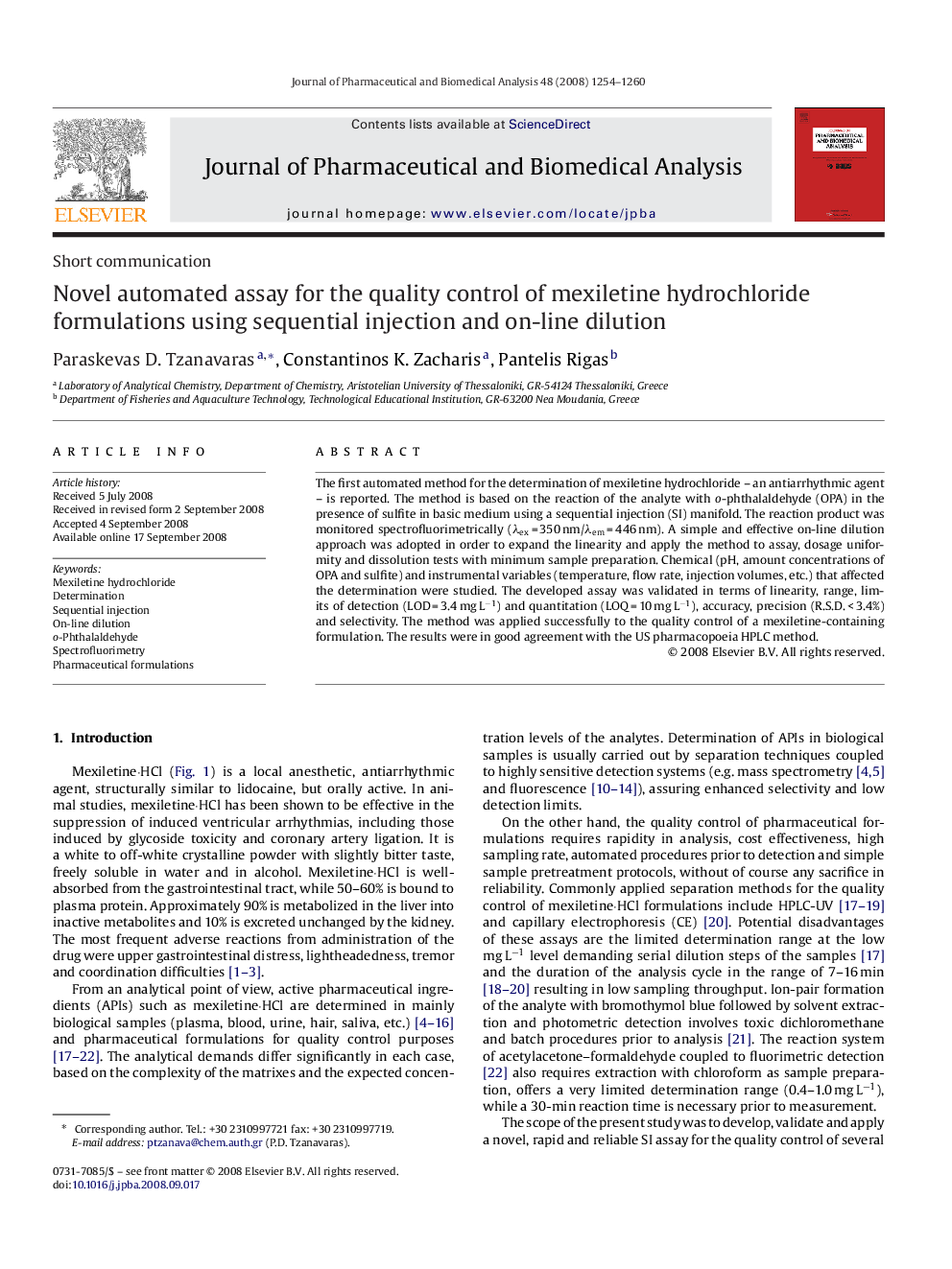 Novel automated assay for the quality control of mexiletine hydrochloride formulations using sequential injection and on-line dilution