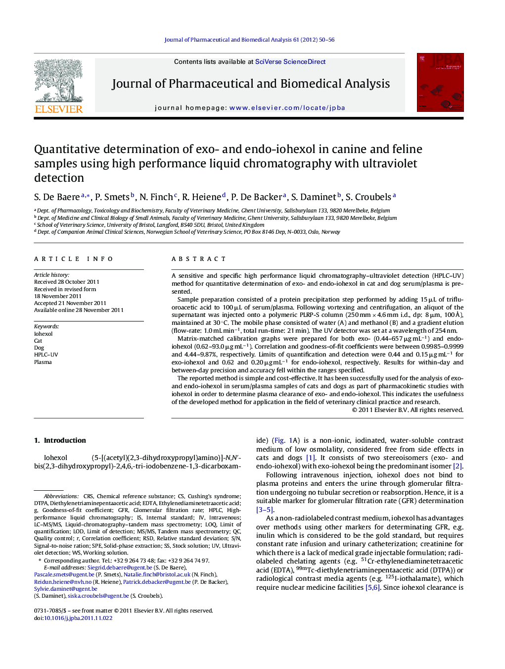 Quantitative determination of exo- and endo-iohexol in canine and feline samples using high performance liquid chromatography with ultraviolet detection