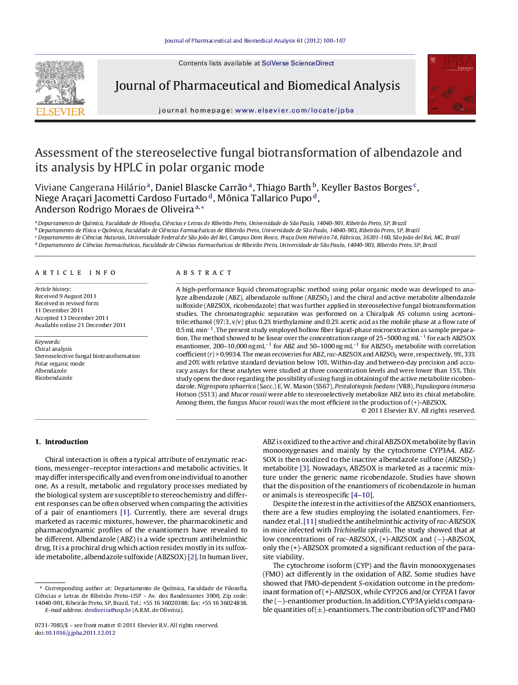 Assessment of the stereoselective fungal biotransformation of albendazole and its analysis by HPLC in polar organic mode