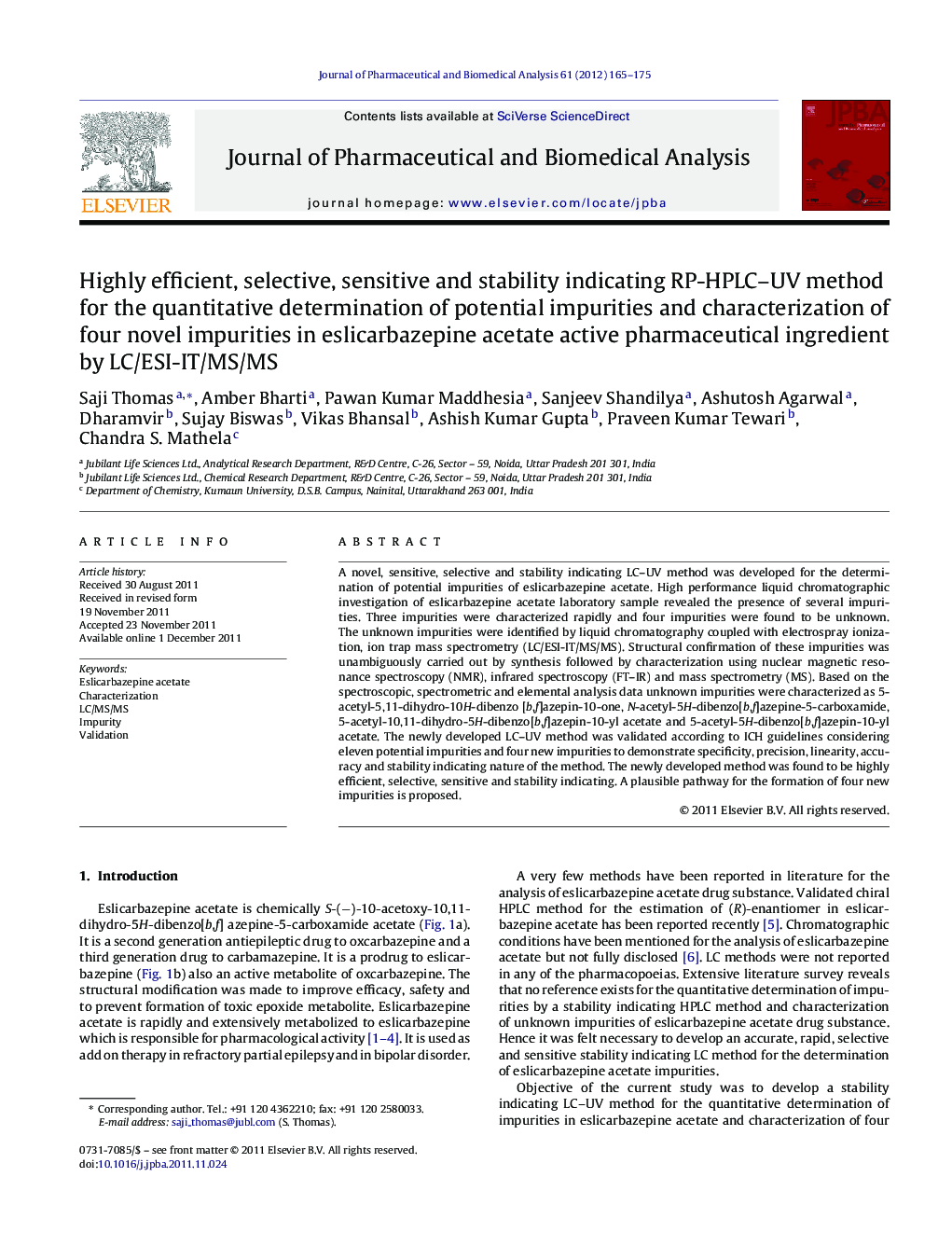 Highly efficient, selective, sensitive and stability indicating RP-HPLC–UV method for the quantitative determination of potential impurities and characterization of four novel impurities in eslicarbazepine acetate active pharmaceutical ingredient by LC/ES