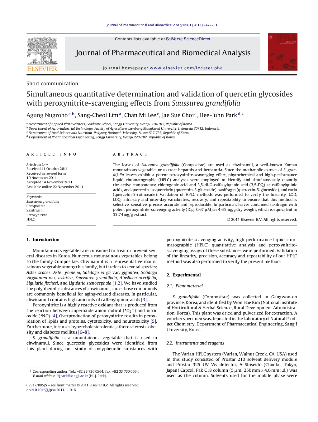 Simultaneous quantitative determination and validation of quercetin glycosides with peroxynitrite-scavenging effects from Saussurea grandifolia