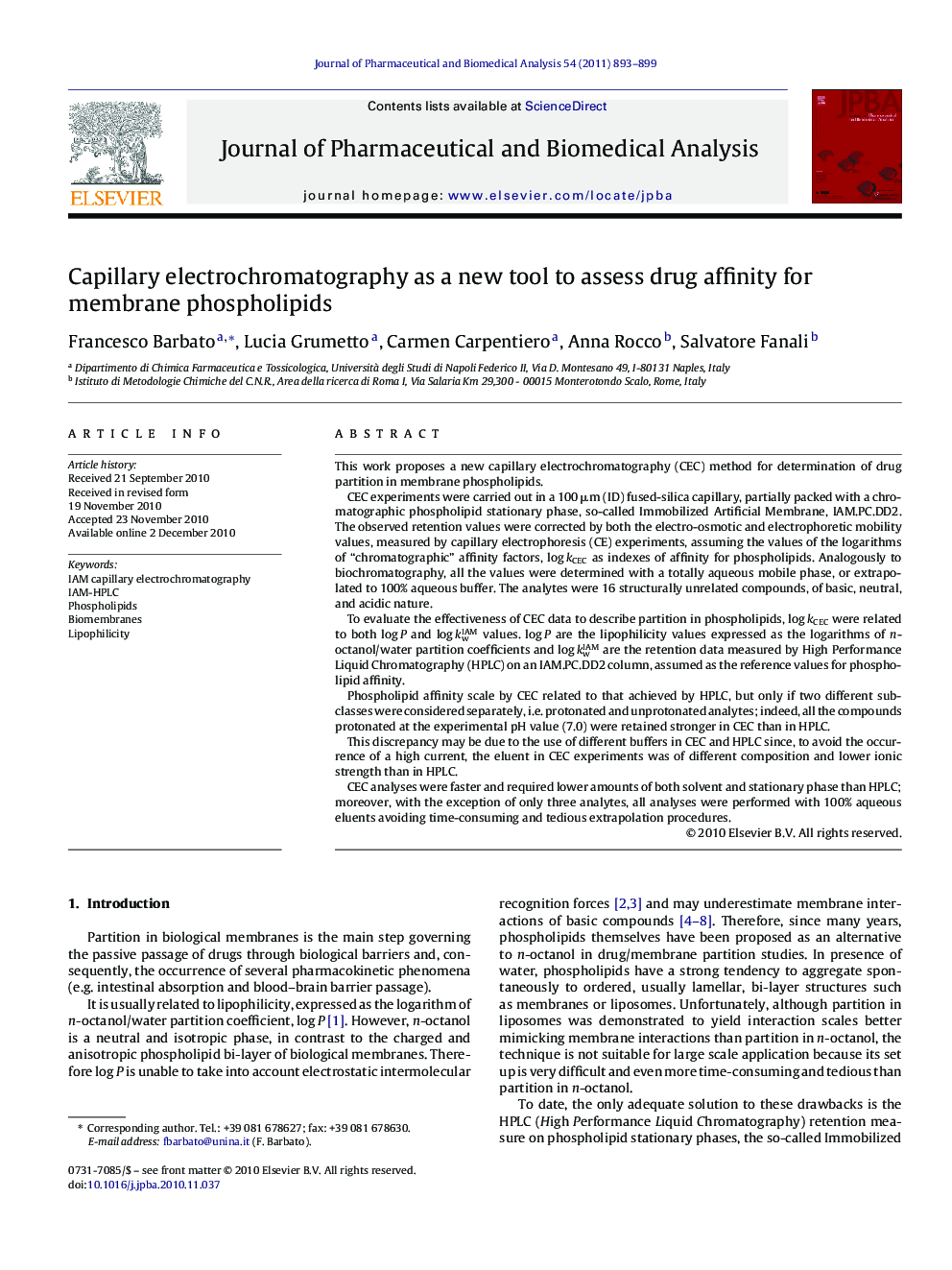 Capillary electrochromatography as a new tool to assess drug affinity for membrane phospholipids