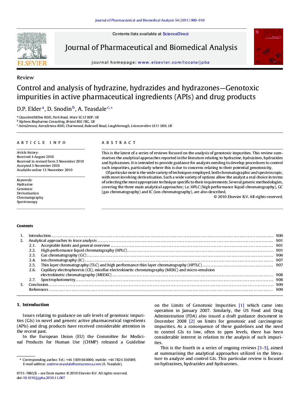 Control and analysis of hydrazine, hydrazides and hydrazones—Genotoxic impurities in active pharmaceutical ingredients (APIs) and drug products