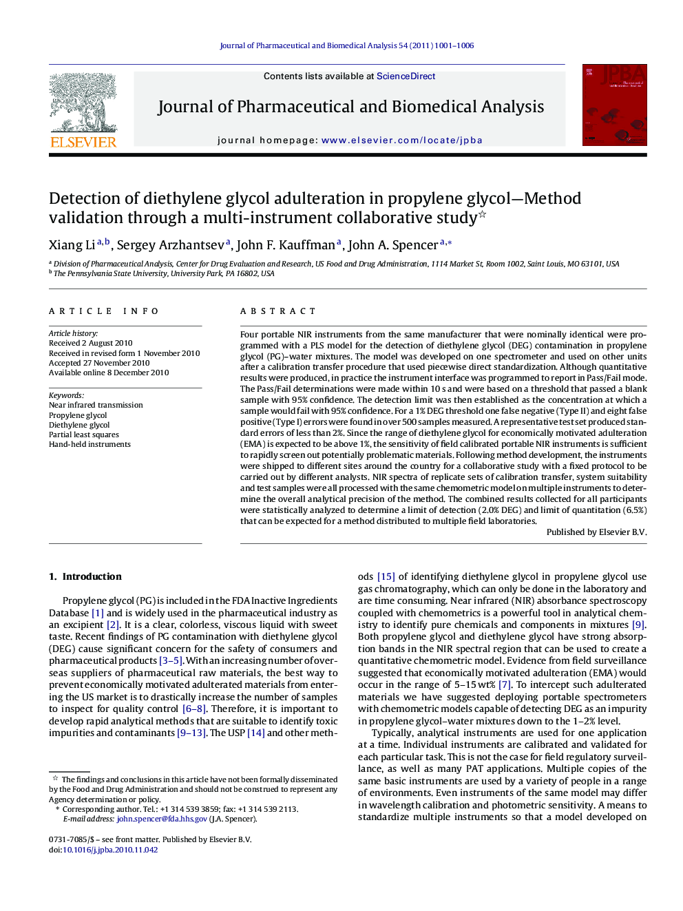 Detection of diethylene glycol adulteration in propylene glycol-Method validation through a multi-instrument collaborative study
