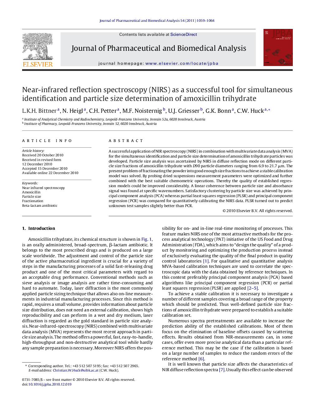 Near-infrared reflection spectroscopy (NIRS) as a successful tool for simultaneous identification and particle size determination of amoxicillin trihydrate