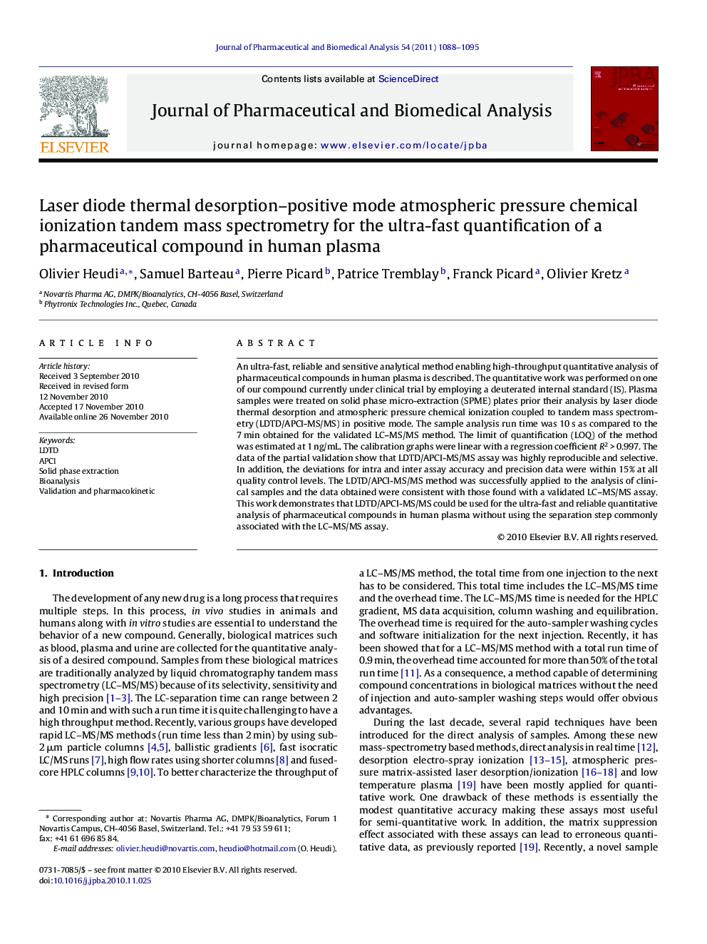 Laser diode thermal desorption–positive mode atmospheric pressure chemical ionization tandem mass spectrometry for the ultra-fast quantification of a pharmaceutical compound in human plasma