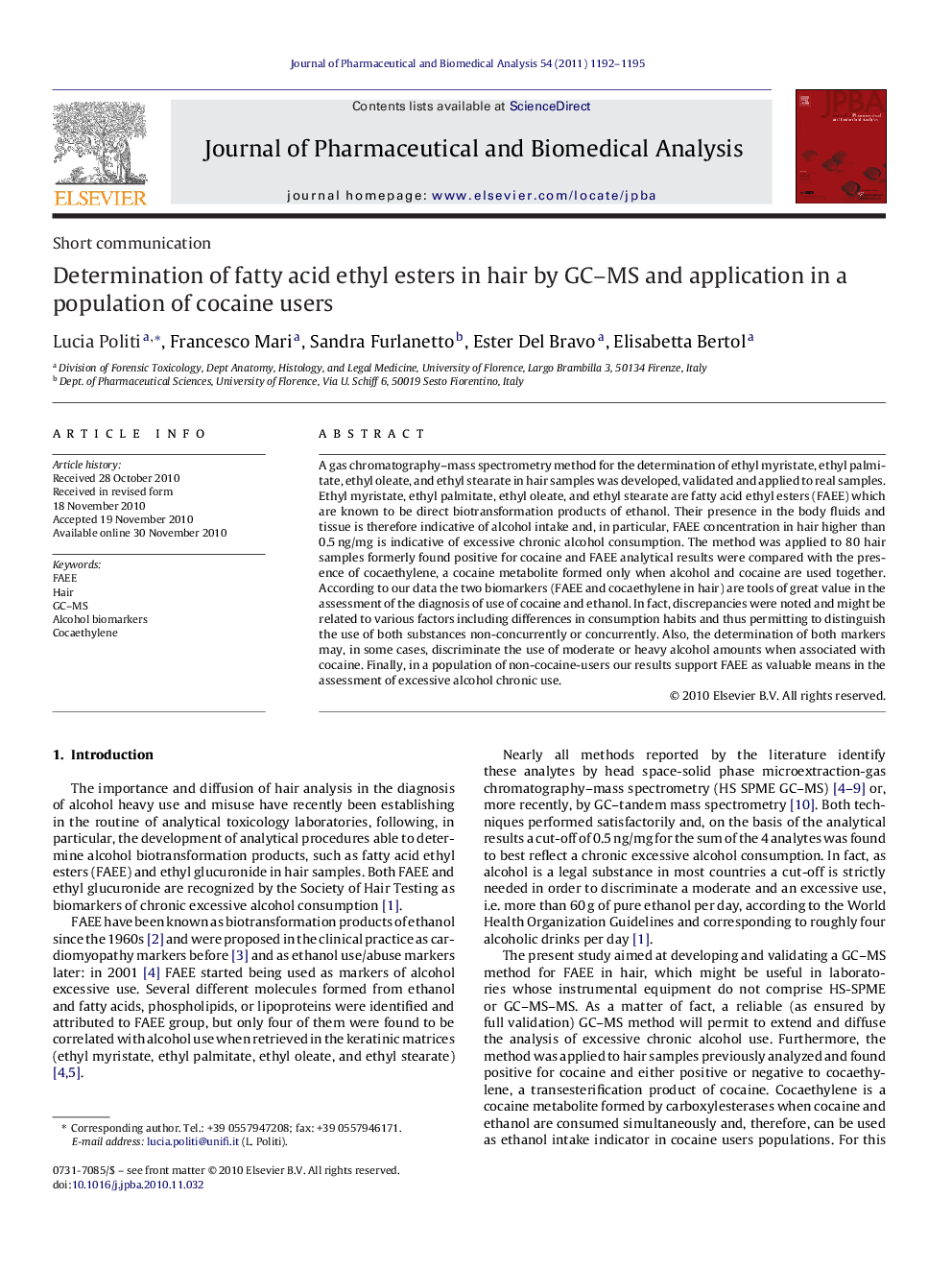 Determination of fatty acid ethyl esters in hair by GC–MS and application in a population of cocaine users