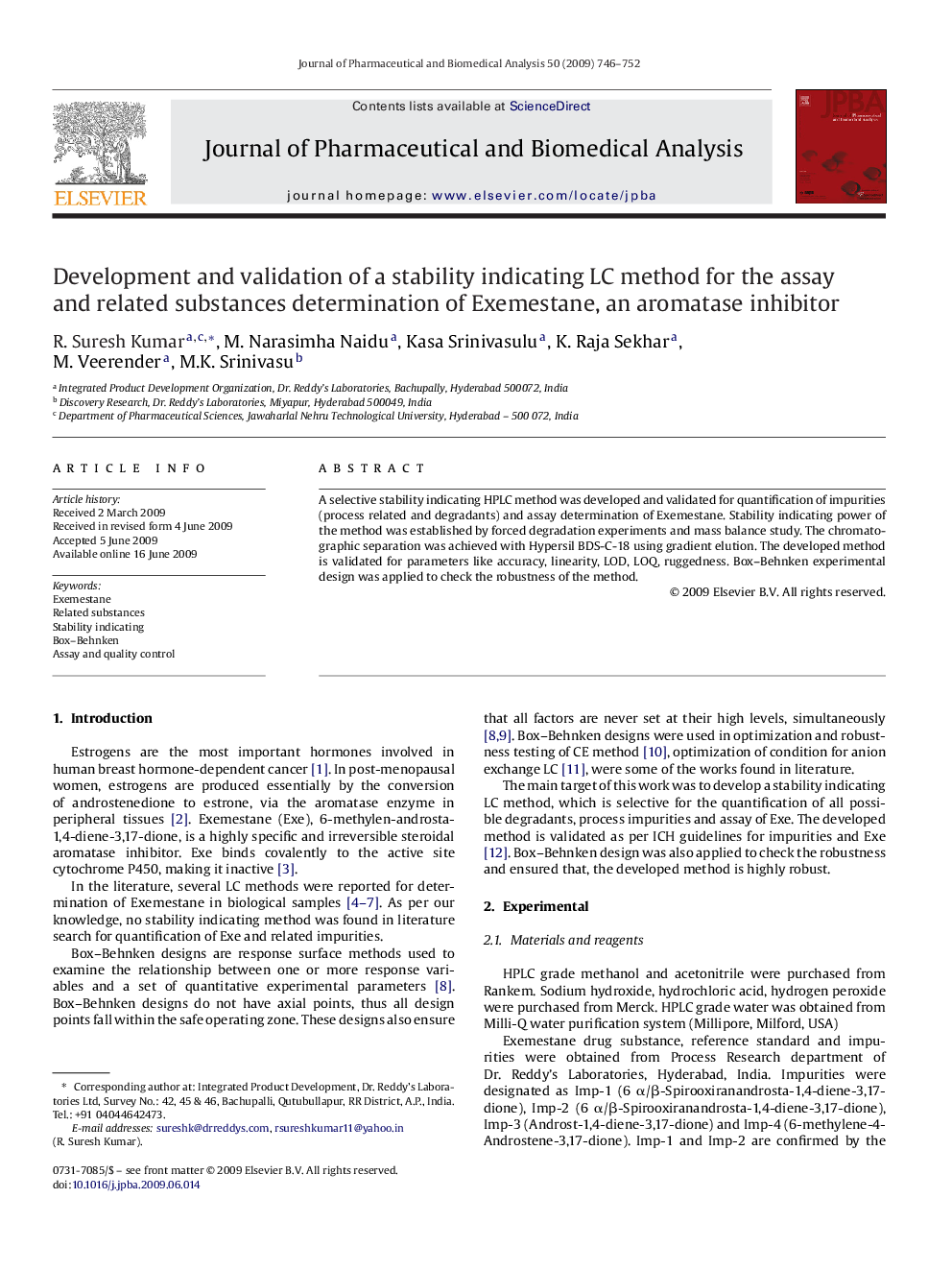 Development and validation of a stability indicating LC method for the assay and related substances determination of Exemestane, an aromatase inhibitor