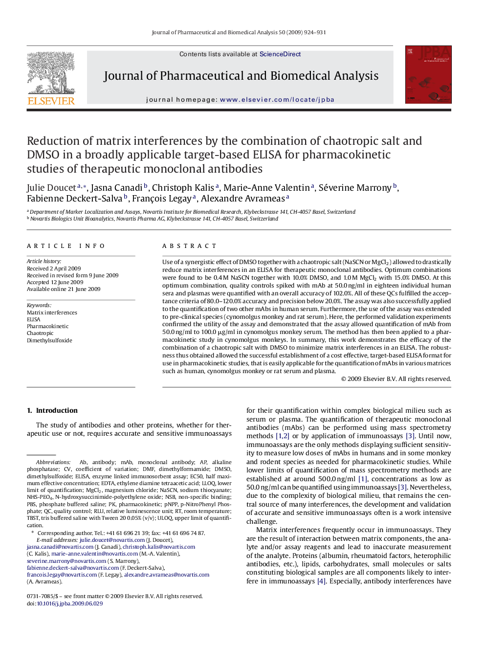 Reduction of matrix interferences by the combination of chaotropic salt and DMSO in a broadly applicable target-based ELISA for pharmacokinetic studies of therapeutic monoclonal antibodies