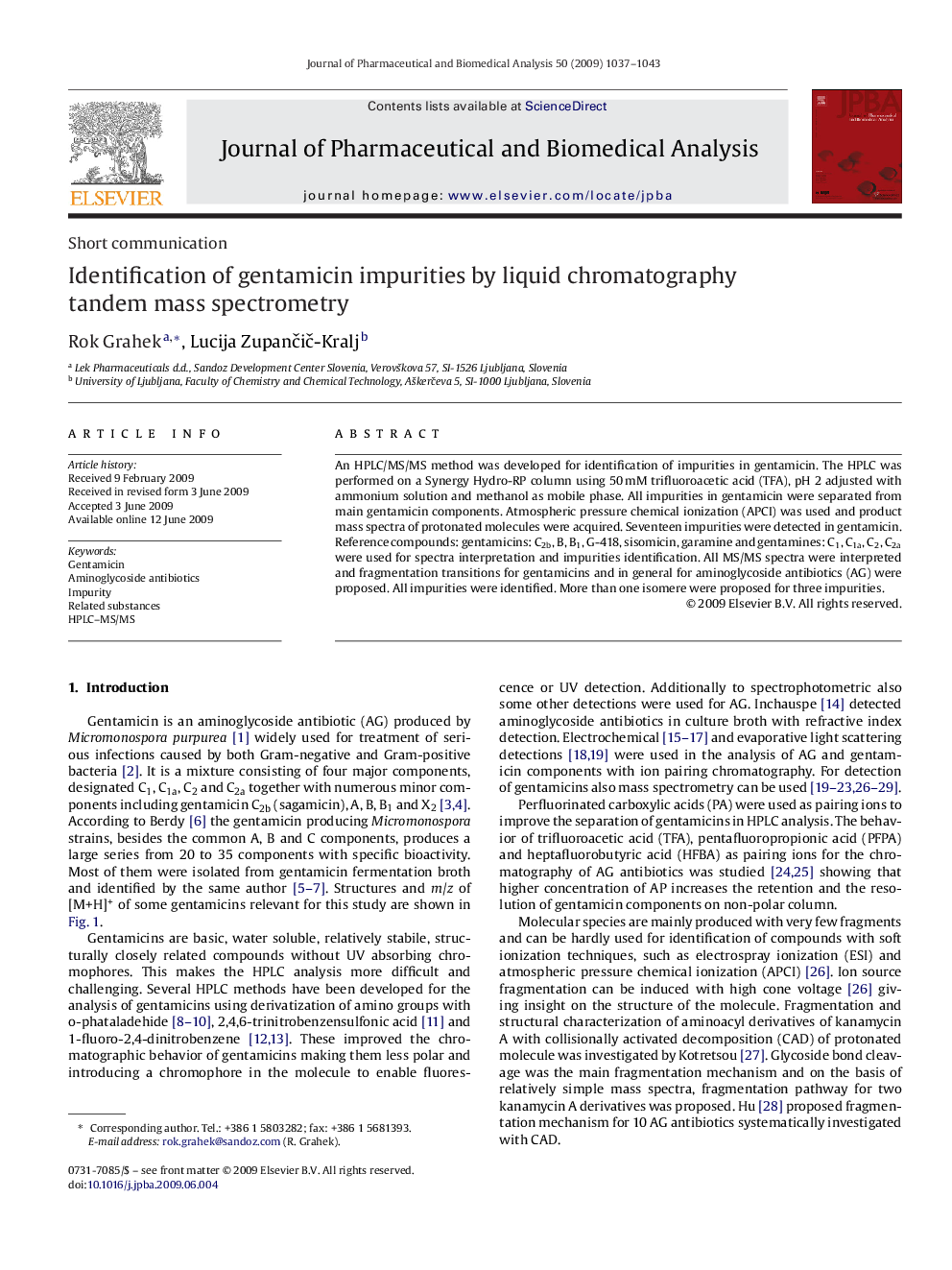 Identification of gentamicin impurities by liquid chromatography tandem mass spectrometry